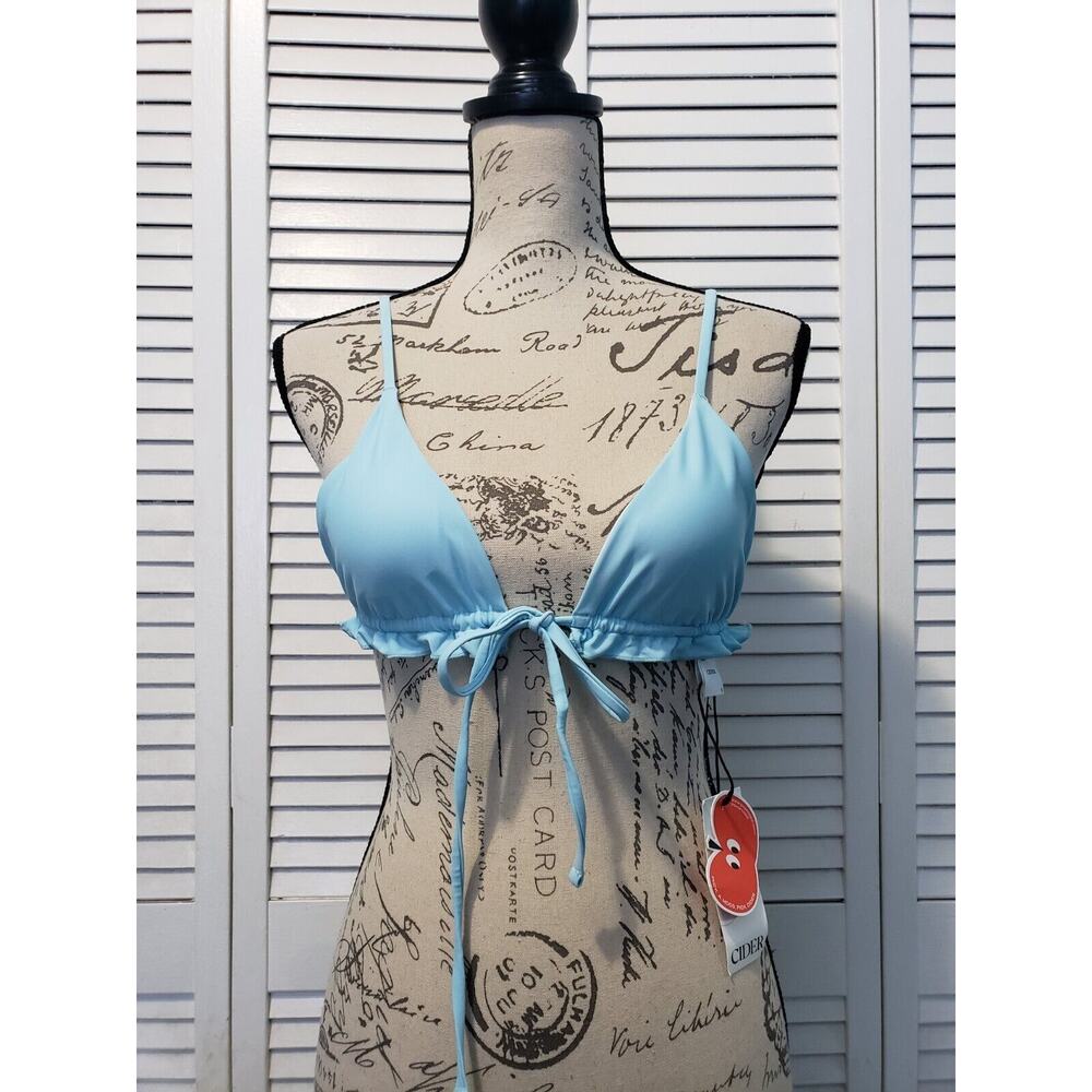 Cider Bikini Top Women's Small Blue String Adjustable Straps Front Tie Ruffle